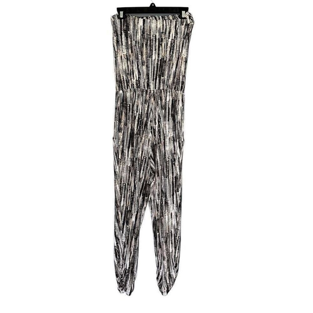 Peyton Jensen Black Abstract Strapless Jumpsuit Small Smocked Waist Pockets